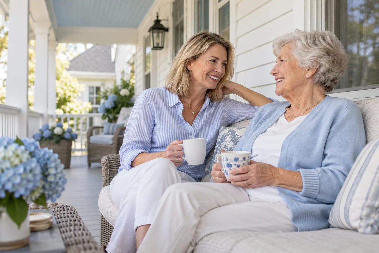 An older woman and her adult daughter sharing a quiet moment on a white American front porch